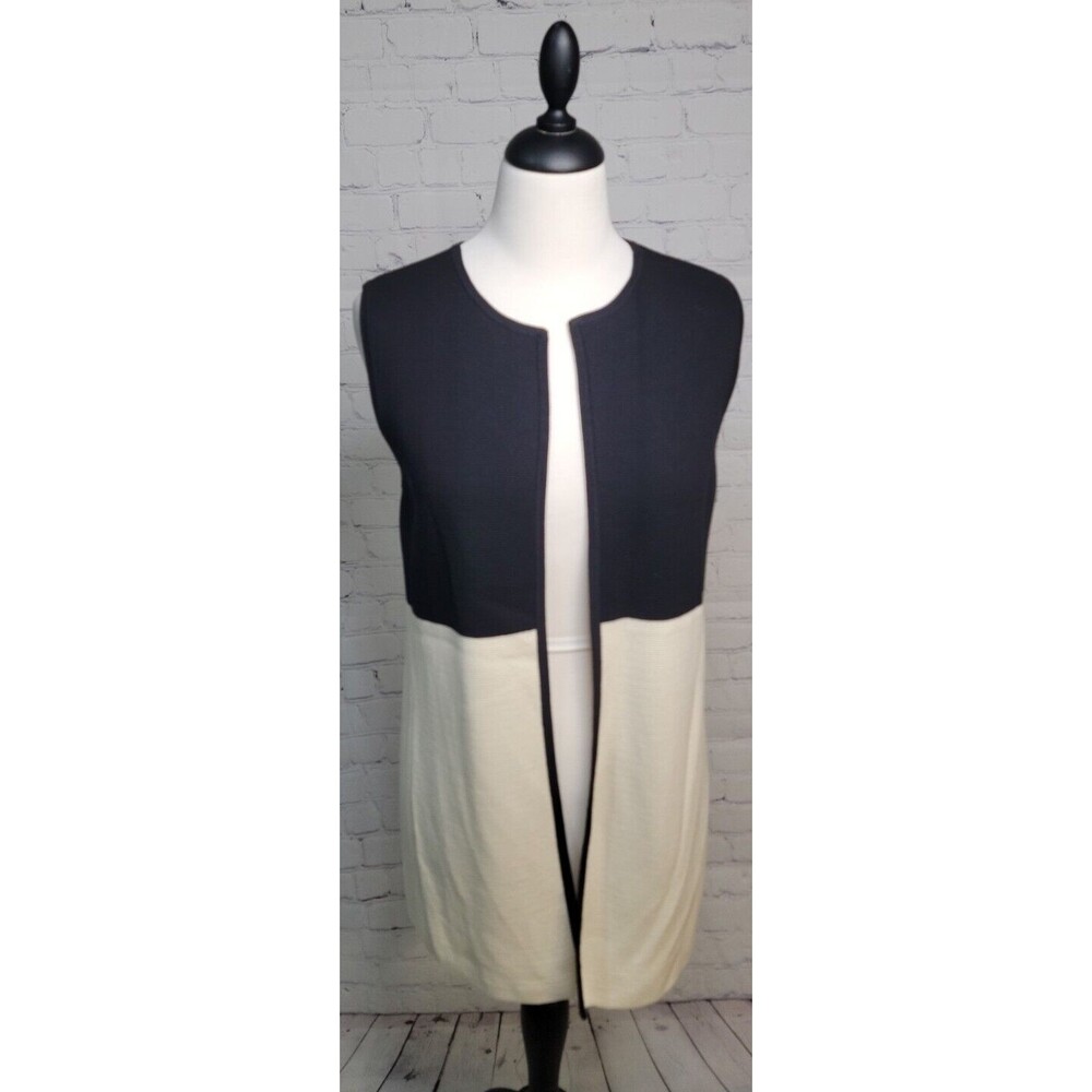 Talbots Petite Women Sleeveless Cardigan Vest Long Sz PM Black Cream Color Block